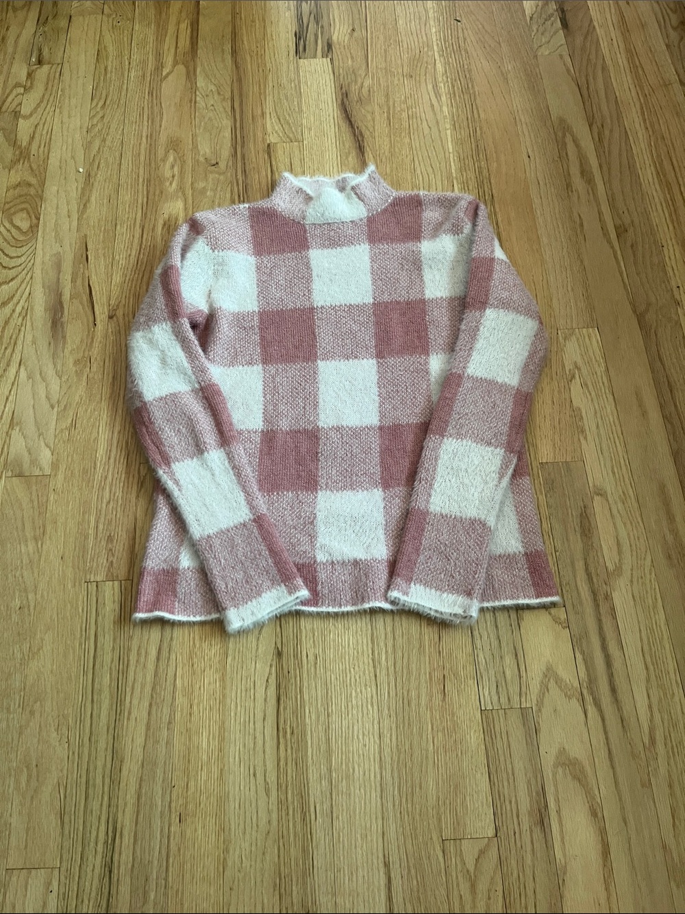 Pink and White Check Mock Neck Women's Sweater
